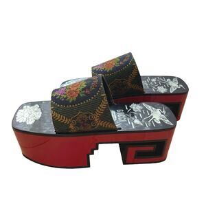 Gucci Red Platform Slide Sandals with Multicolor Embroidered Straps